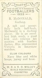 1933 Wills's Victorian Footballers (Small) #174 Rupe McDonald Back